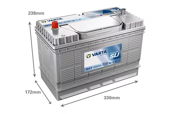 Аккумулятор 12В, 105Ah, 800А при -18С (залитый) (TY25879/TY6128W/MLR3260753), JD (VARTA Promotive)